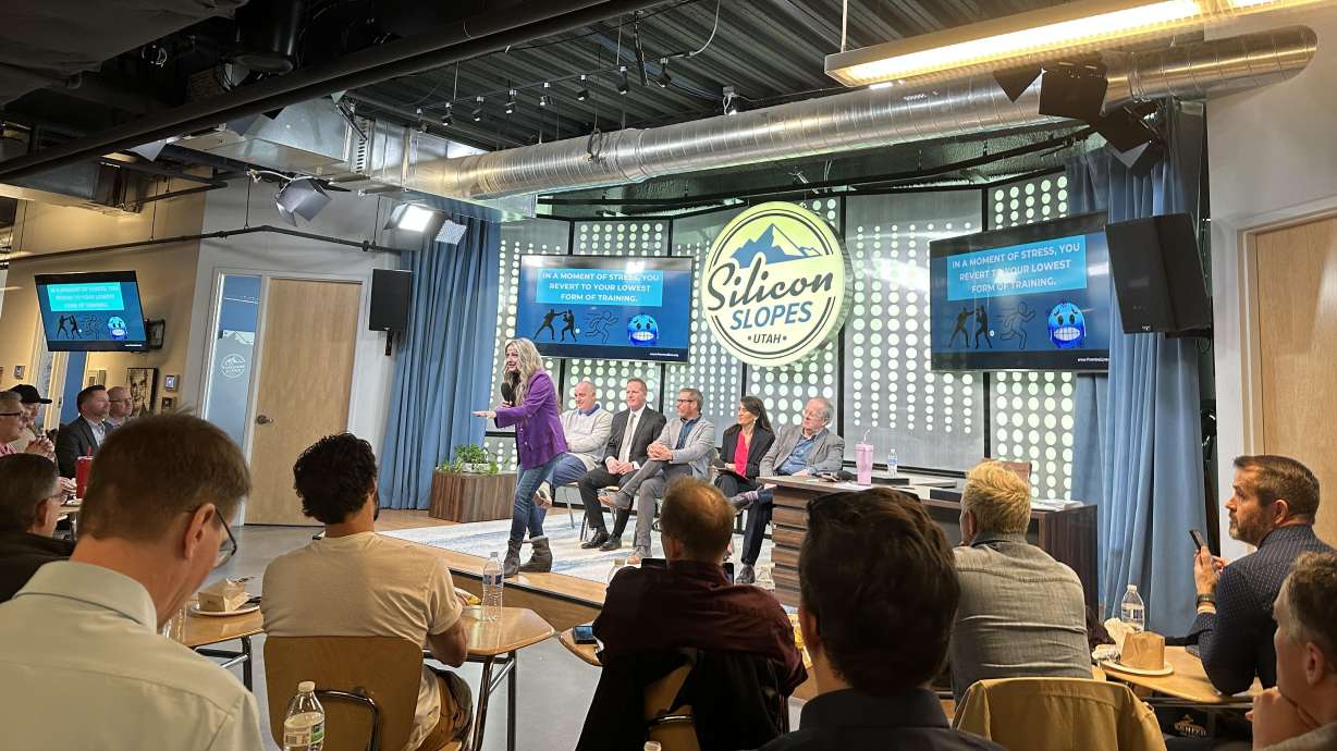 Brandy Vega, president and founder of Utah nonprofit Promise2live, speaks at a mental health town hall Thursday in Lehi.