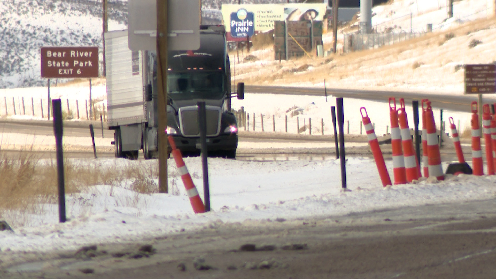 Truckers on I-80 pass near Evanston, Wyo. on Thursday.