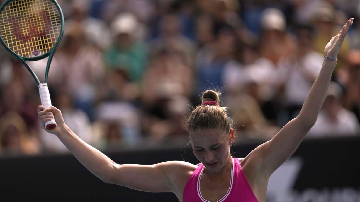 Marta Kostyuk of Ukraine reacts during her third round match against Elina Avanesyan of Russia at the Australian Open tennis championships at Melbourne Park, Melbourne, Australia, Friday, Jan. 19, 2024.
