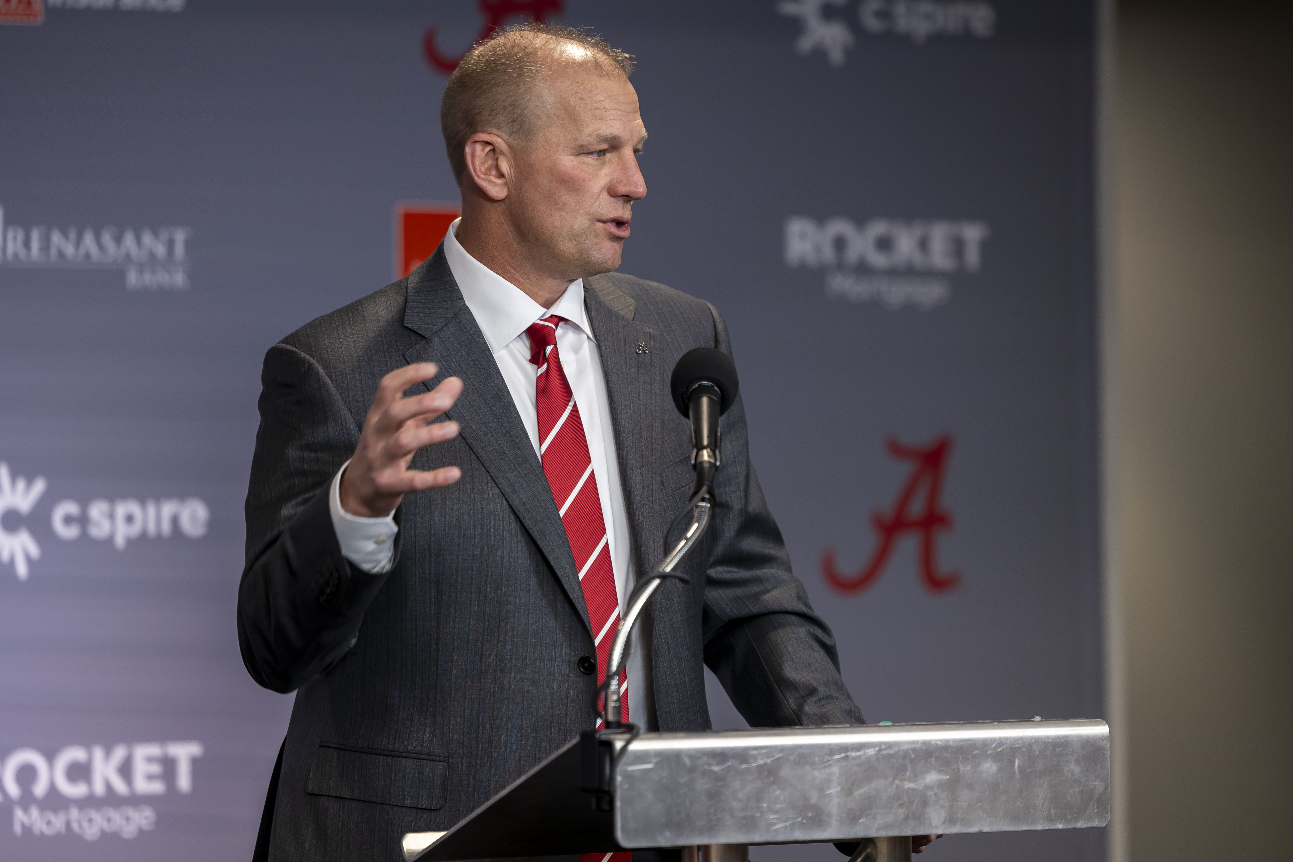 New Alabama head coach Kalen DeBoer speaks during an NCAA college football press conference at Bryant-Denny Stadium, Saturday, Jan. 13, 2024, in Tuscaloosa, Ala. DeBoer is replacing the recently retired Nick Saban.