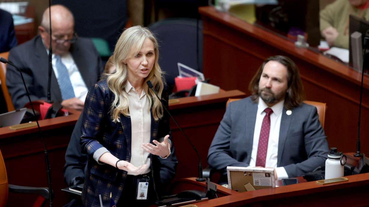 Rep. Katy Hall, R-South Ogden, speaks about HB261 at the Capitol in Salt Lake City on Friday. The Utah House approved the proposal revamping diversity, equity and inclusion programs at the state's public universities on Friday, splitting along partisan lines.