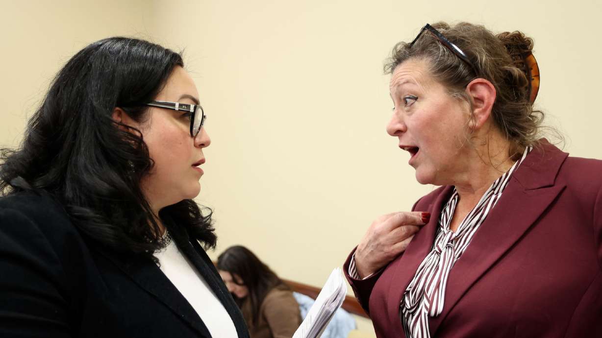 Senate Minority Leader Luz Escamilla, D-Salt Lake City, talks to Holly Richardson, a former doula and doula trainer, about SB85 after a hearing in the Senate Building in Salt Lake City on Friday. Richardson is a columnist for the Deseret News.