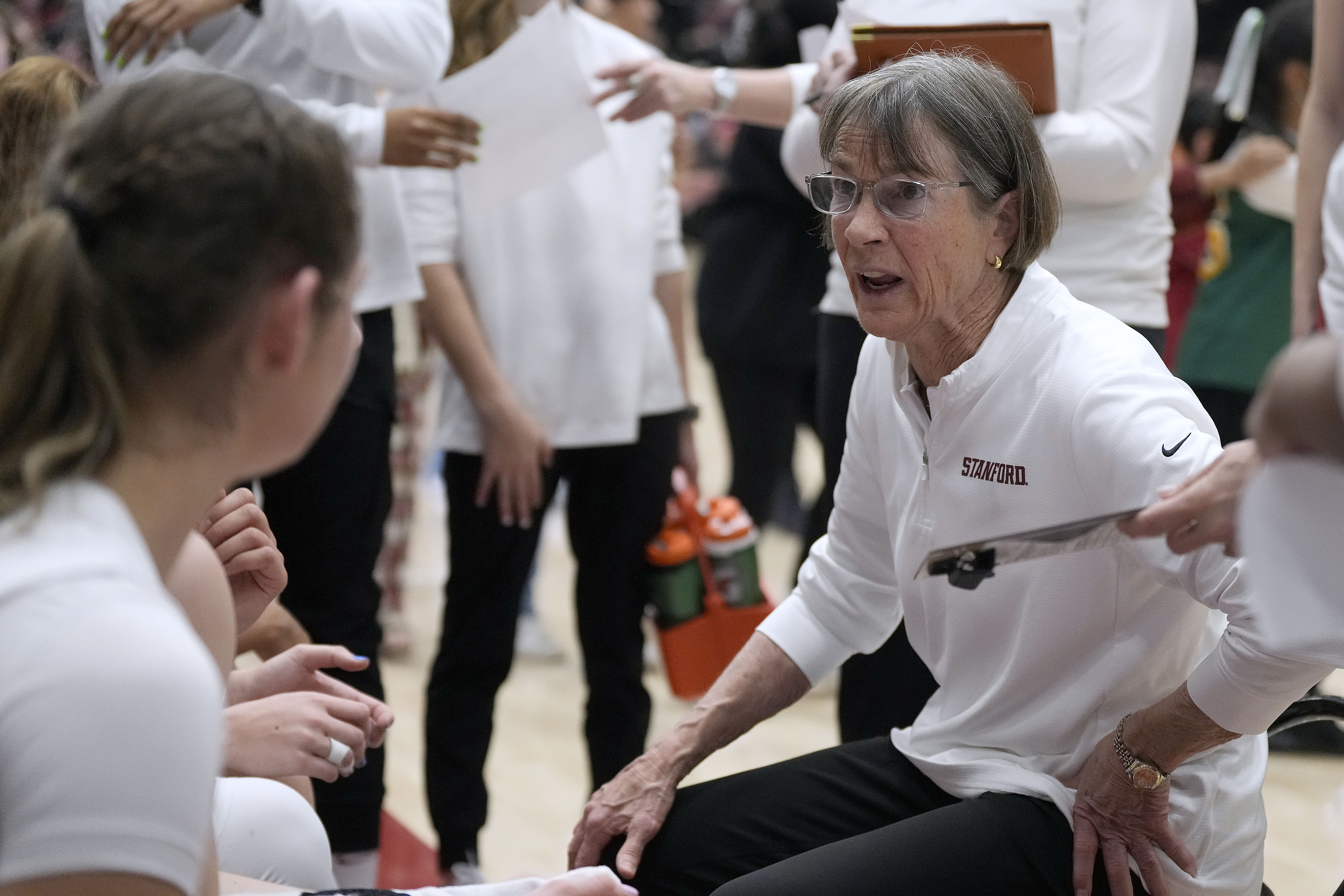 Stanford head coach Tara VanDerveer talks with her players during a time out against Oregon in the first half of an NCAA college basketball game Friday, Jan. 19, 2024, in Stanford, Calif. 
