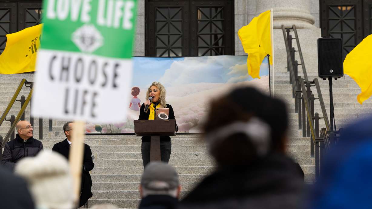 Mary Taylor, president of Pro-Life Utah, speaks at March for Life Utah at the Utah Capitol in Salt Lake City on Saturday.