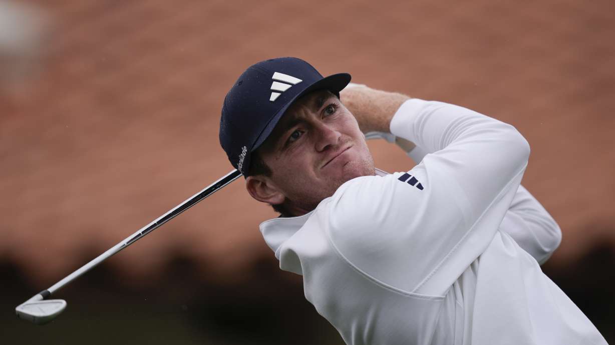 Nick Dunlap hits from the eighth tee on the La Quinta Country Club course during the third round of The American Express golf tournament Saturday, Jan. 20, 2024, in La Quinta, Calif.