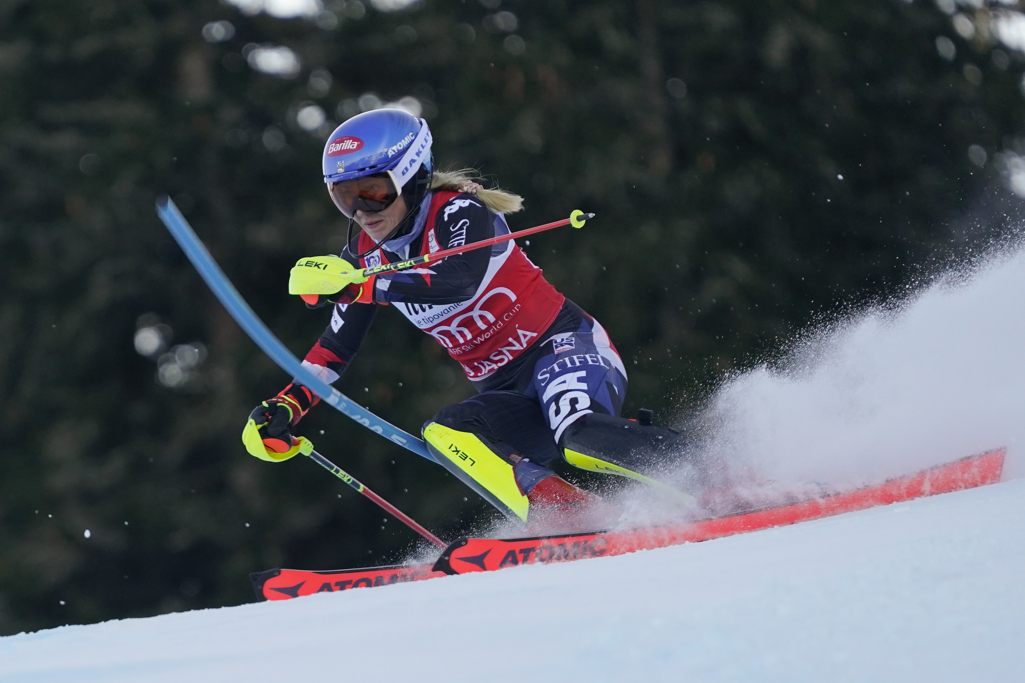 United States' Mikaela Shiffrin competes during an alpine ski, women's World Cup slalom race, in Jasna, Slovakia, Sunday, Jan. 21, 2024. 