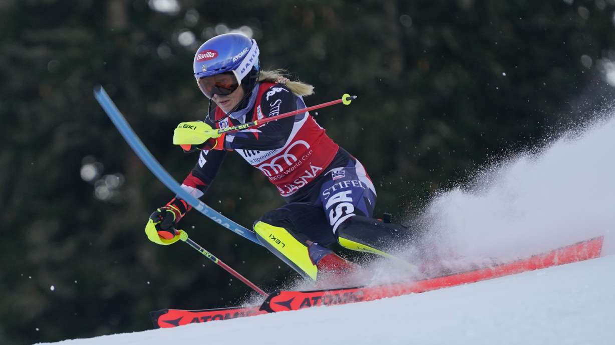 United States' Mikaela Shiffrin competes during an alpine ski, women's World Cup slalom race, in Jasna, Slovakia, Sunday, Jan. 21, 2024.