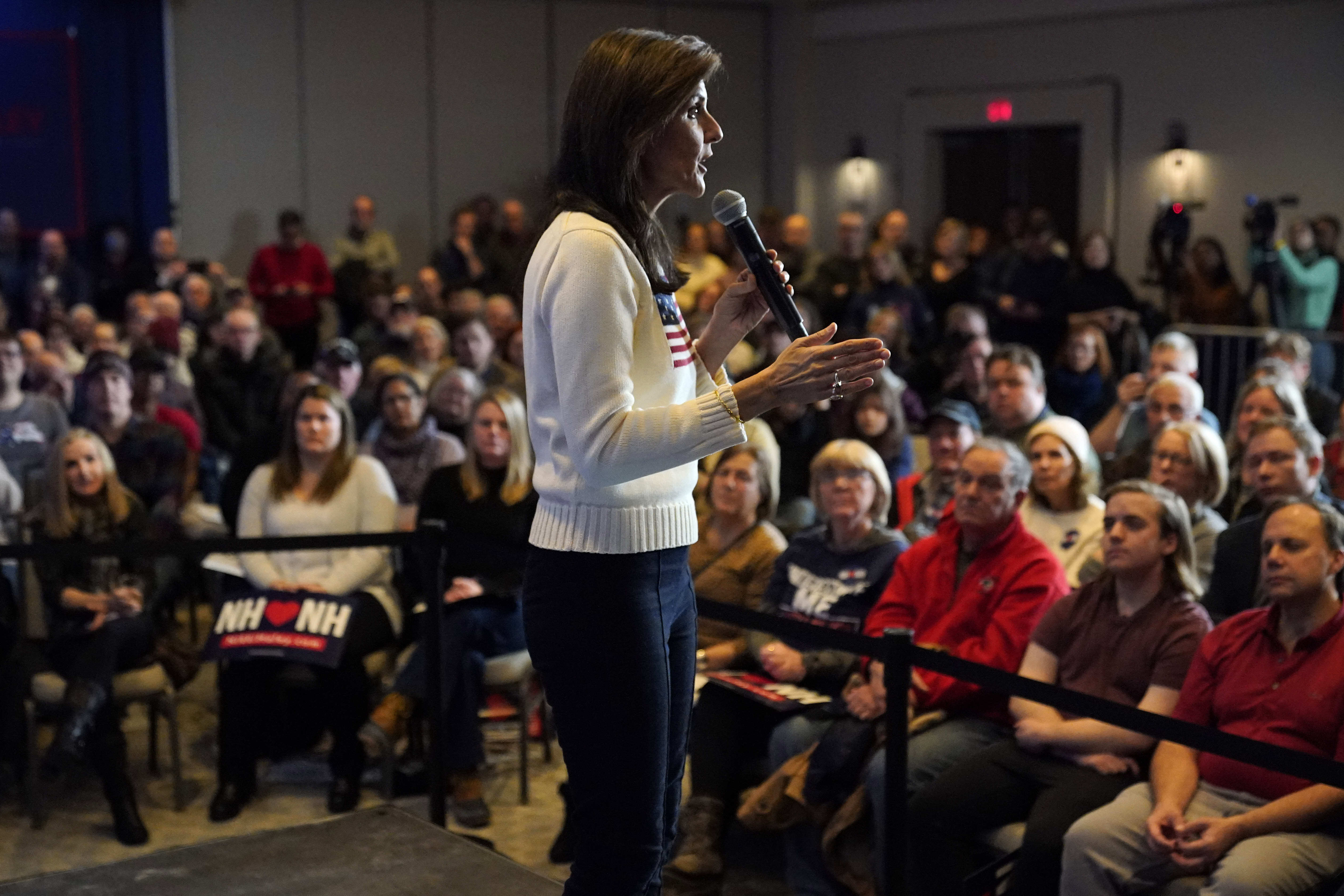 Republican presidential candidate former U.N. Ambassador Nikki Haley speaks at a rally, Saturday in Nashua, N.H.