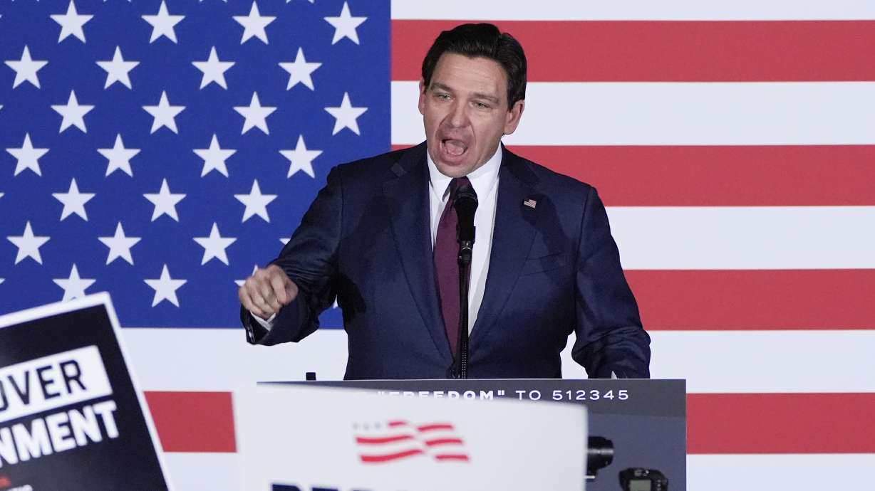 Republican presidential candidate Florida Gov. Ron DeSantis speaks to supporters during a caucus night party, in West Des Moines, Iowa. DeSantis suspended his Republican presidential campaign Sunday after a disappointing showing in Iowa's leadoff caucuses.