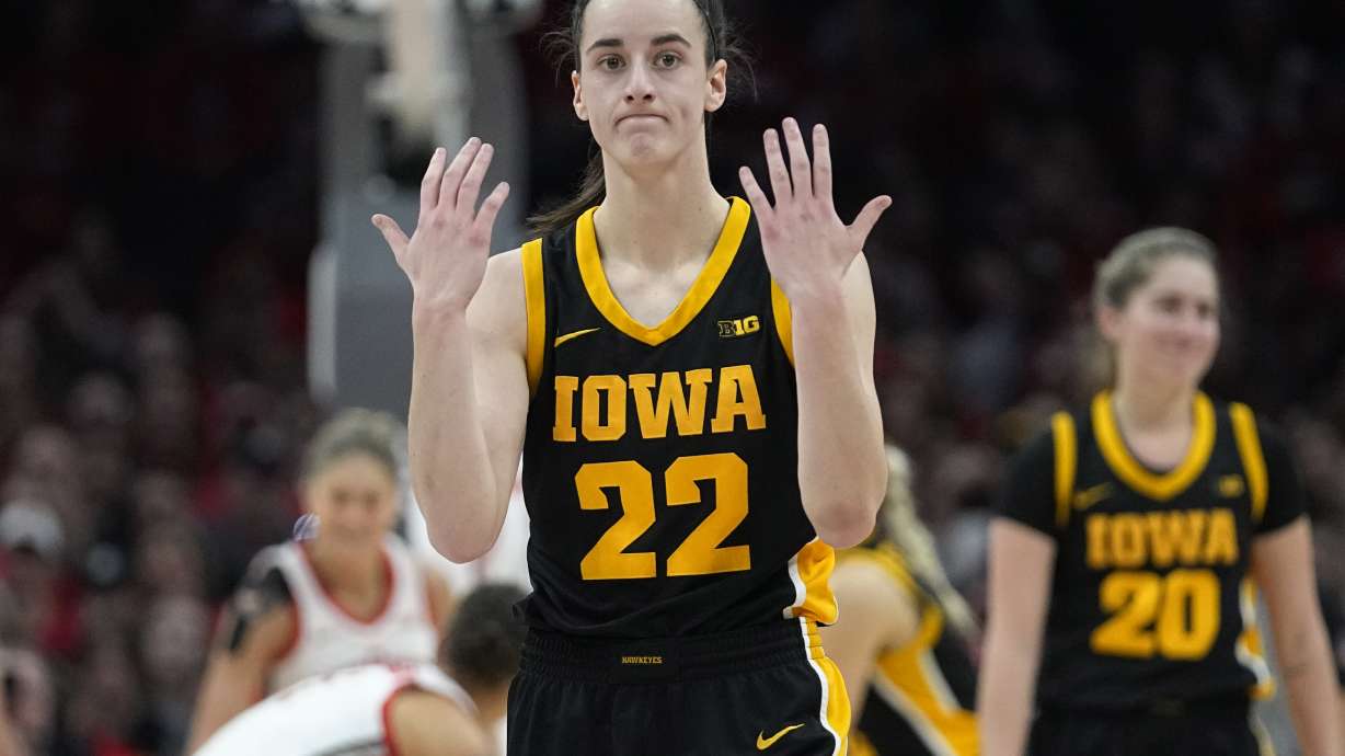 Iowa guard Caitlin Clark gestures in the first half of an NCAA college basketball game against Ohio State, Sunday, Jan. 21, 2024, in Columbus, Ohio.