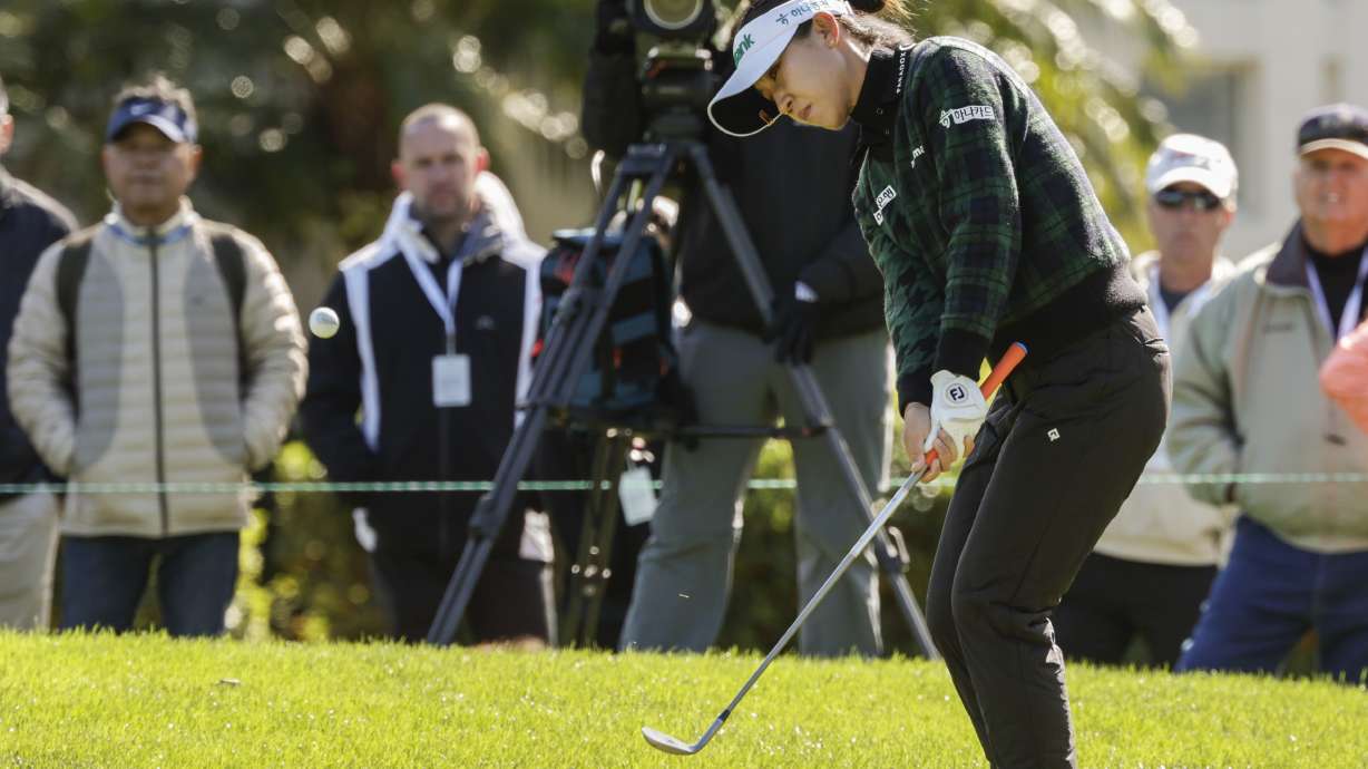 Lydia Ko, chips onto the seventh green during the final round of the Hilton Grand Vacations Tournament of Champions LPGA golf tournament in Orlando, Fla., Sunday, Jan. 21, 2024.