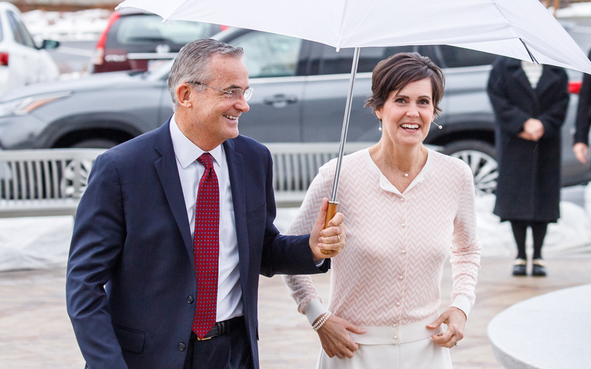 Elder Patrick Kearon of the Quorum of the Twelve Apostles and his wife Jennifer Kearon arrive at the Orem Utah Temple on Sunday for the dedication. 