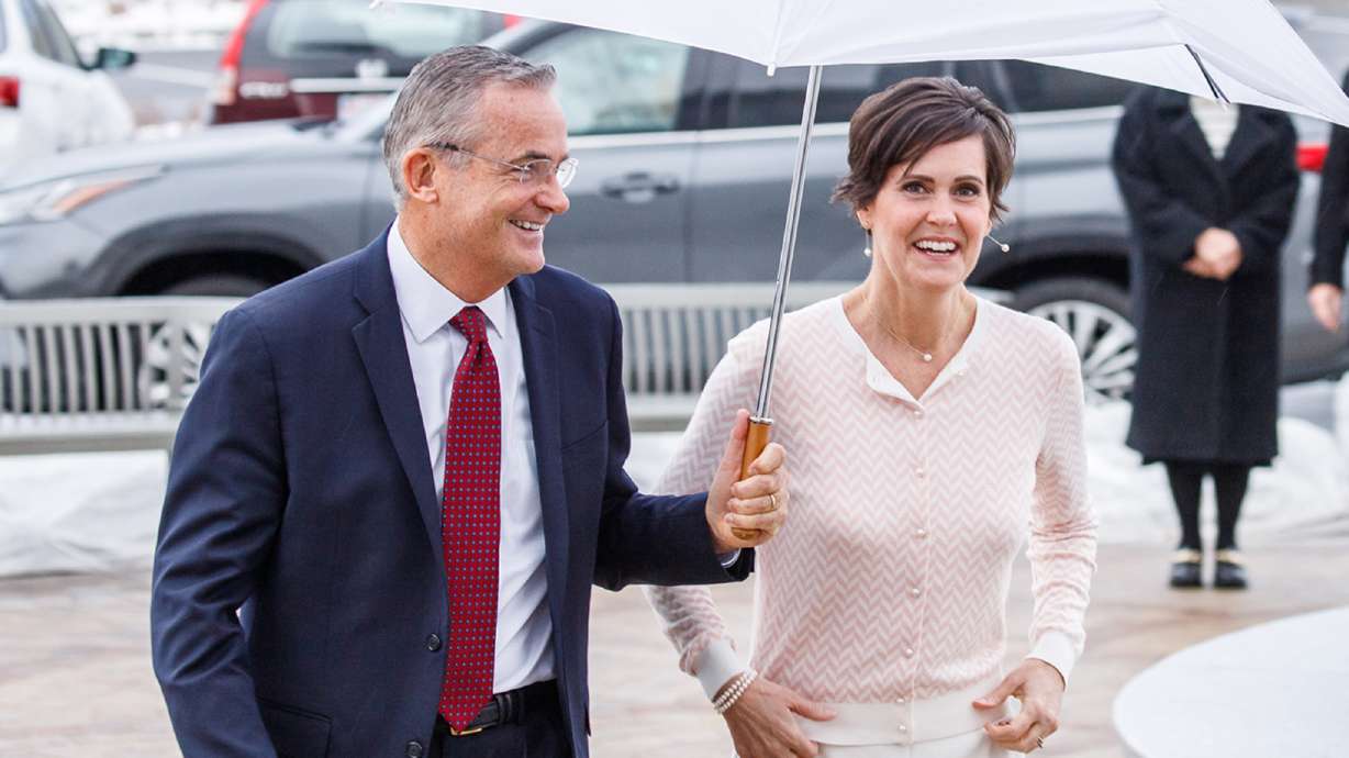 Elder Patrick Kearon of the Quorum of the Twelve Apostles and his wife Jennifer Kearon arrive at the Orem Utah Temple on Sunday for the dedication.