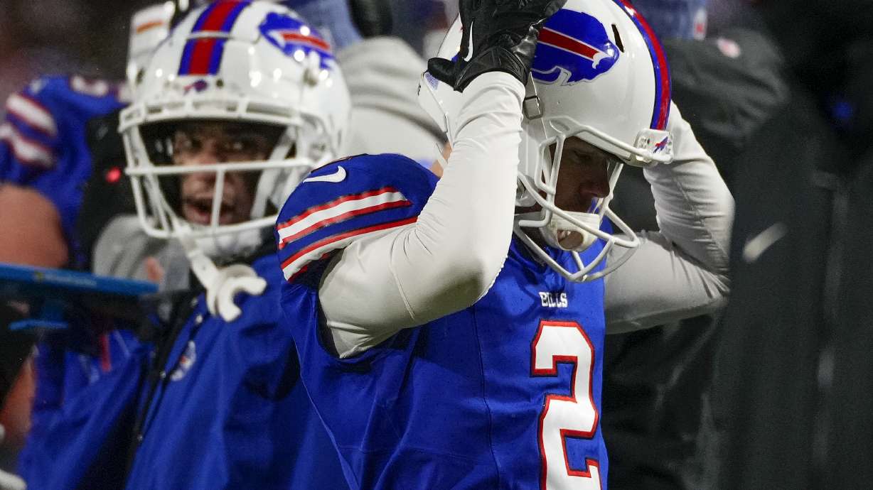 Buffalo Bills place kicker Tyler Bass (2) reacts after missing a field goal against the Kansas City Chiefs during the fourth quarter of an NFL AFC division playoff football game, Sunday, Jan. 21, 2024, in Orchard Park, N.Y.