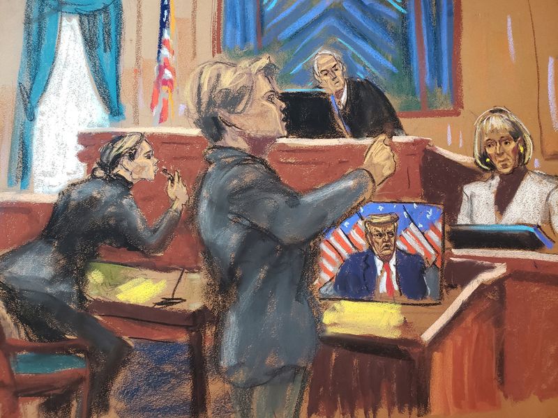 E. Jean Carroll is questioned in a redirect by her lawyer as former President Donald Trump's lawyer objects during the second civil trial where Carroll accused Trump of raping her decades ago, in New York City, Thursday. The presiding judge on Monday postponed the trial because one juror and a parent of one of Trump's lawyers became ill.