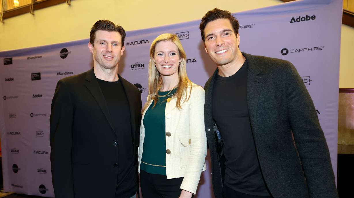 Matthew Reeve, Alexandra Reeve and William Reeve pose for a photo at the premiere of “Super/Man: The Christopher Reeve Story,” which is about their father and features them, at the Rose Wagner Performing Arts Center in Salt Lake City on Friday.