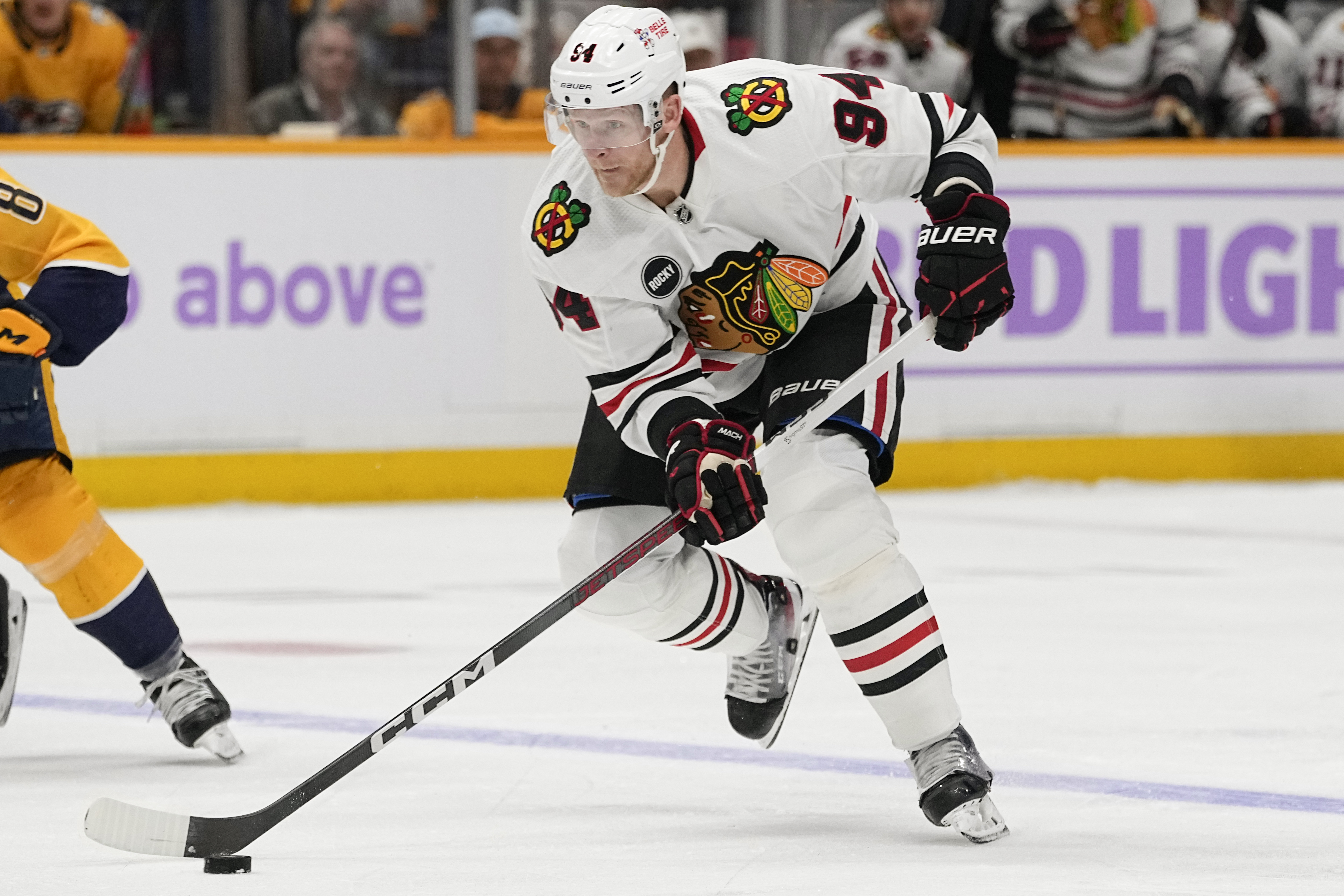 FILE - Chicago Blackhawks right wing Corey Perry (94) plays during the first period of an NHL hockey game against the Nashville Predators, Nov. 18, 2023, in Nashville, Tenn. Perry is eligible to sign an NHL contract with any team in the aftermath of the Blackhawks terminating his deal for this season, citing inappropriate conduct. 
