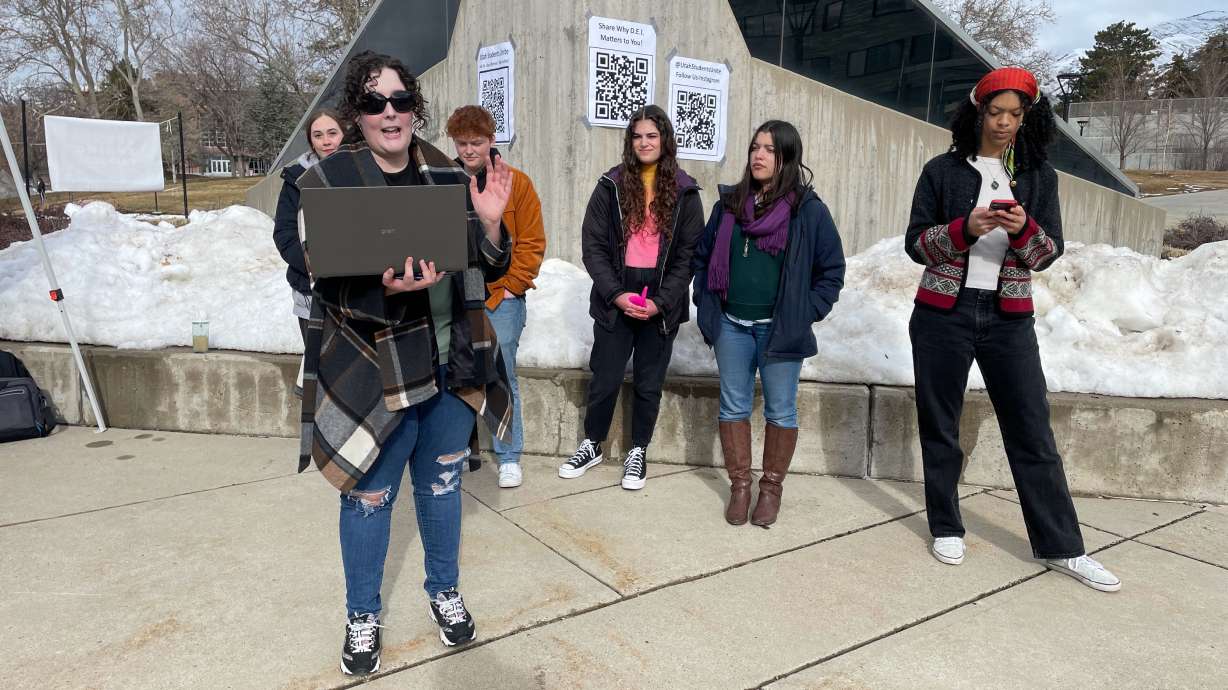 Lauren Rives, a senior at the University of Utah, speaks at a demonstration against HB261 at the U. on Jan. 22. The U. on Monday released a "scorecard" noting the impact of its equity, diversity and inclusion initiatives.