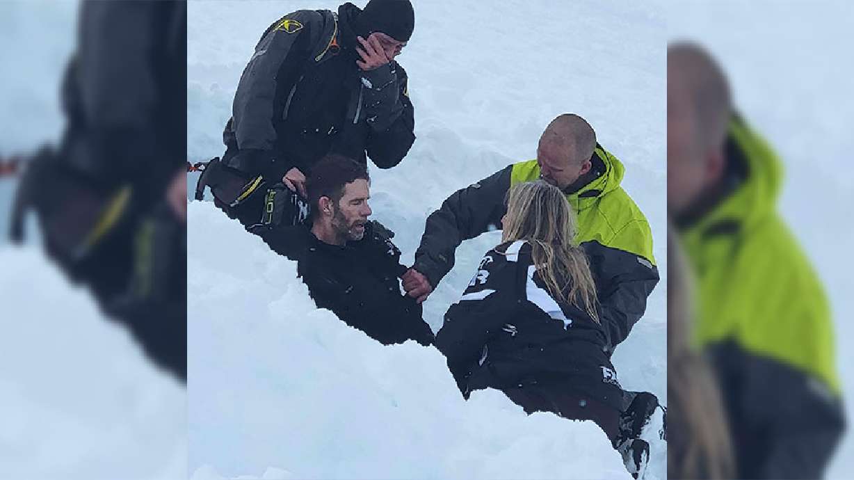 Billy Seibert, Jennifer Seibert, Donny Davis and Kenny Chapin after Billy Seibert was found alive after being caught in an avalanche. He is hoping his story will bring awareness to other snowmobilers.