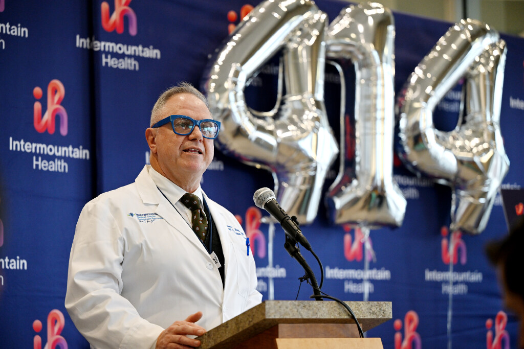 Dr. Jean Botha, transplant surgeon and director of Intermountain Health’s abdominal transplant program, speaks about the achievement of 414 transplants in 2023 and thanks the team and the patients at a news conference at Intermountain Heath in Murray on Monday.
