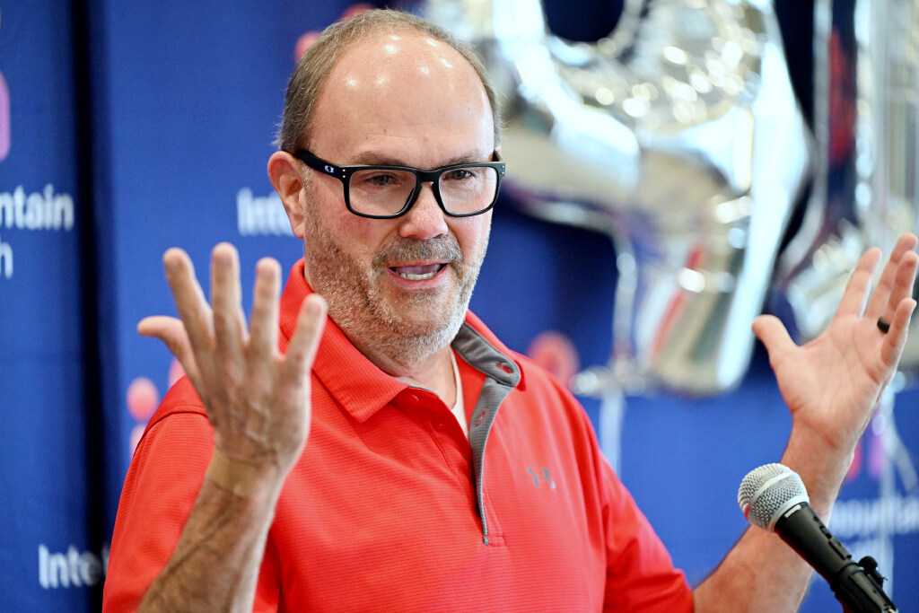 Liver transplant recipient Hal McNeil tells some of his story and becomes emotional as he talks about the medical team, and the process he went through, while at a news conference at Intermountain Health in Murray on Monday.
