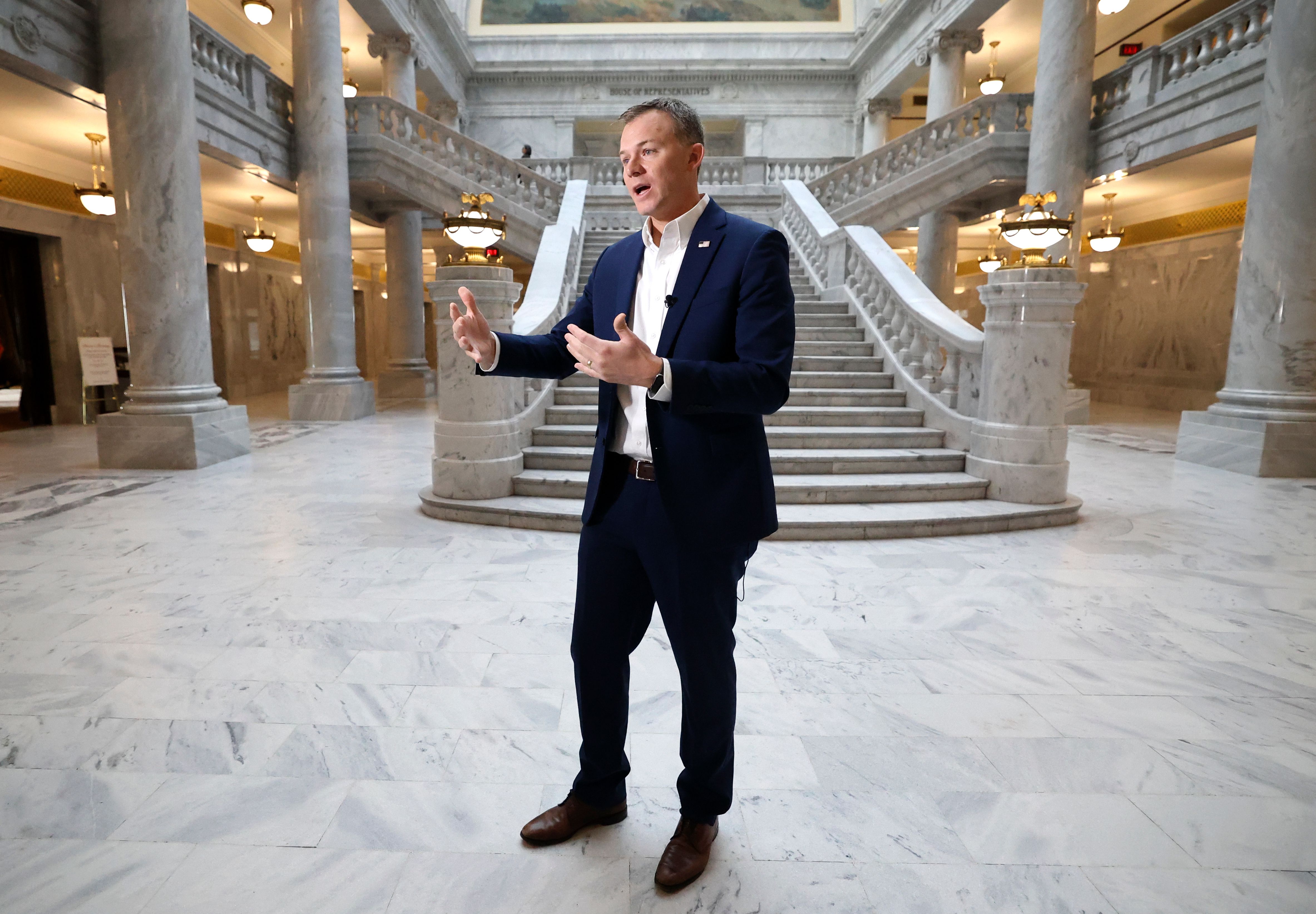 Rep. Blake Moore, R-Utah, talks to the media at the Capitol in Salt Lake City, on Jan. 3. Moore’s Fiscal State of the Nation Act cleared a hurdle in Washington last week.