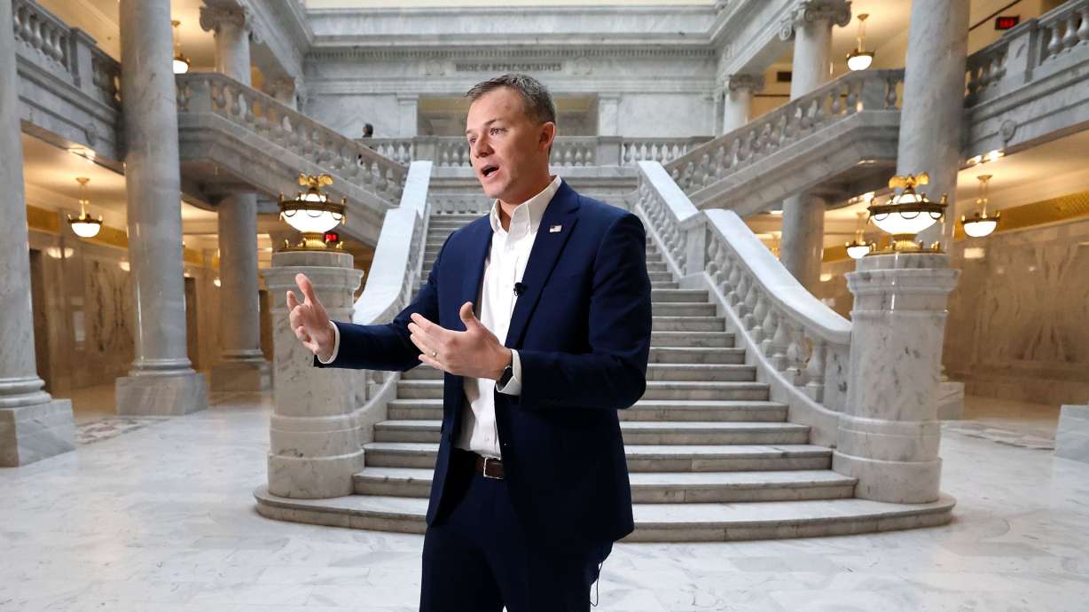 Rep. Blake Moore, R-Utah, talks to the media at the Capitol in Salt Lake City, on Jan. 3. Moore’s Fiscal State of the Nation Act cleared a hurdle in Washington last week.