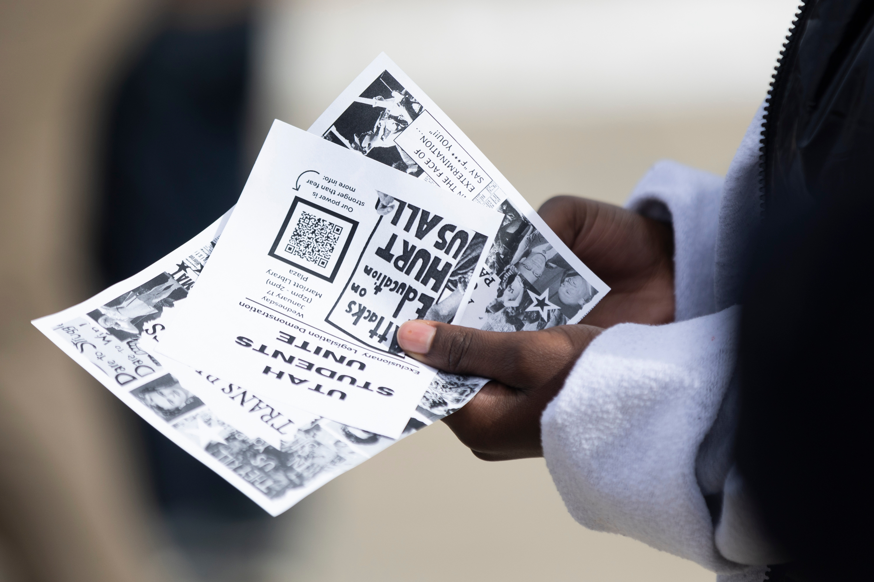 University of Utah students gather at the Marriott Library to protest against a diversity, equity and inclusion bill introduced in the Utah Legislature in Salt Lake City on Monday. The bill would restrict diversity, equity and inclusion requirements and programs at public universities and schools.