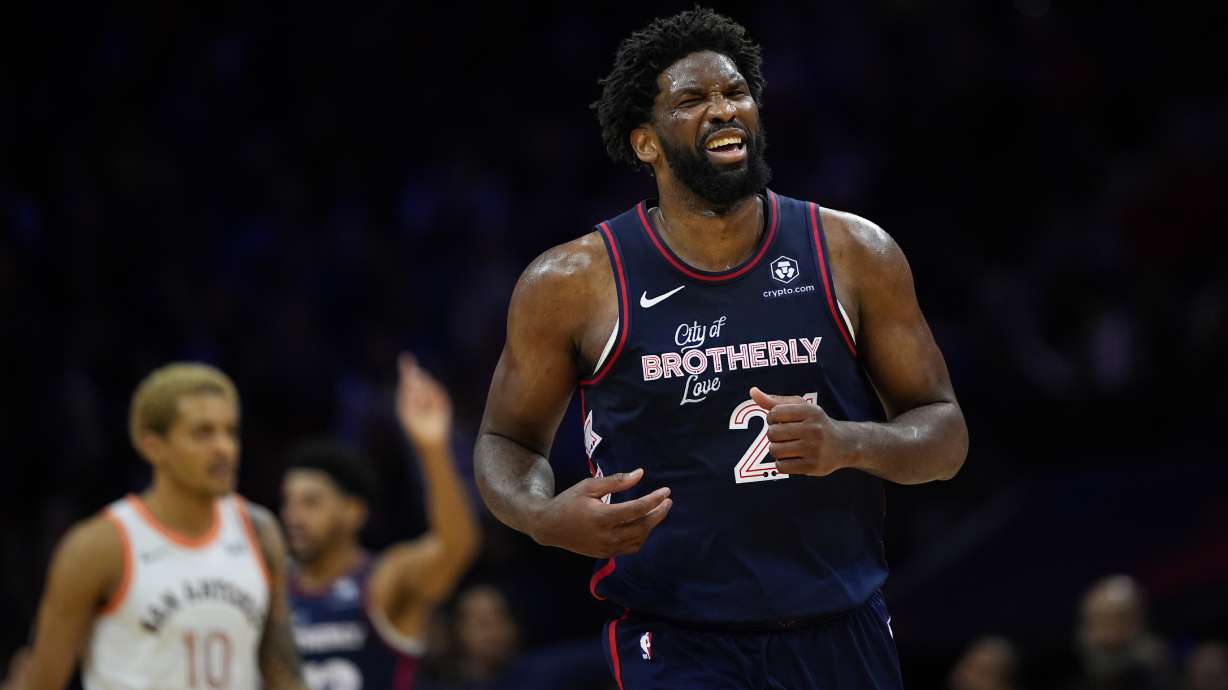 Philadelphia 76ers' Joel Embiid, right, reacts during the second half of an NBA basketball game against the San Antonio Spurs, Monday, Jan. 22, 2024, in Philadelphia.
