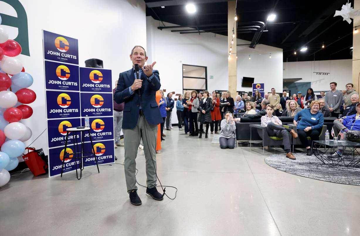 Former Rep. John Curtis, R-Utah, speaks at a kick-off event for his U.S. Senate campaign at Saela in Orem on Monday.