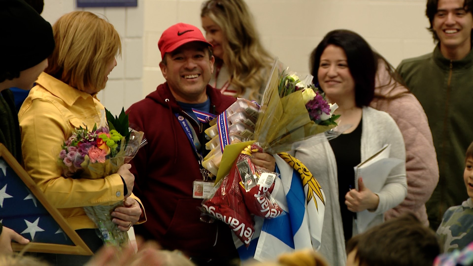 Foothills Elementary School staff and students honor longtime custodian, Favio Gonzalez, in an assembly on Monday. Gonzalez and his wife recently passed their U.S. citizenship tests.