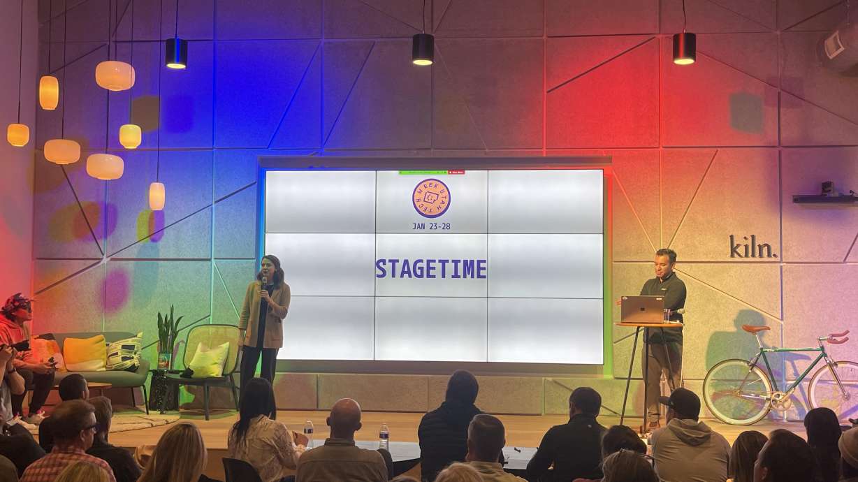 Jennie Moser delivers her winning pitch for Stagetime at Kiln's Salt Lake City location on Monday. Five CEOs took turns pitching their startups to a panel of judges for the chance to win $100,000 as part of Utah Tech Week.