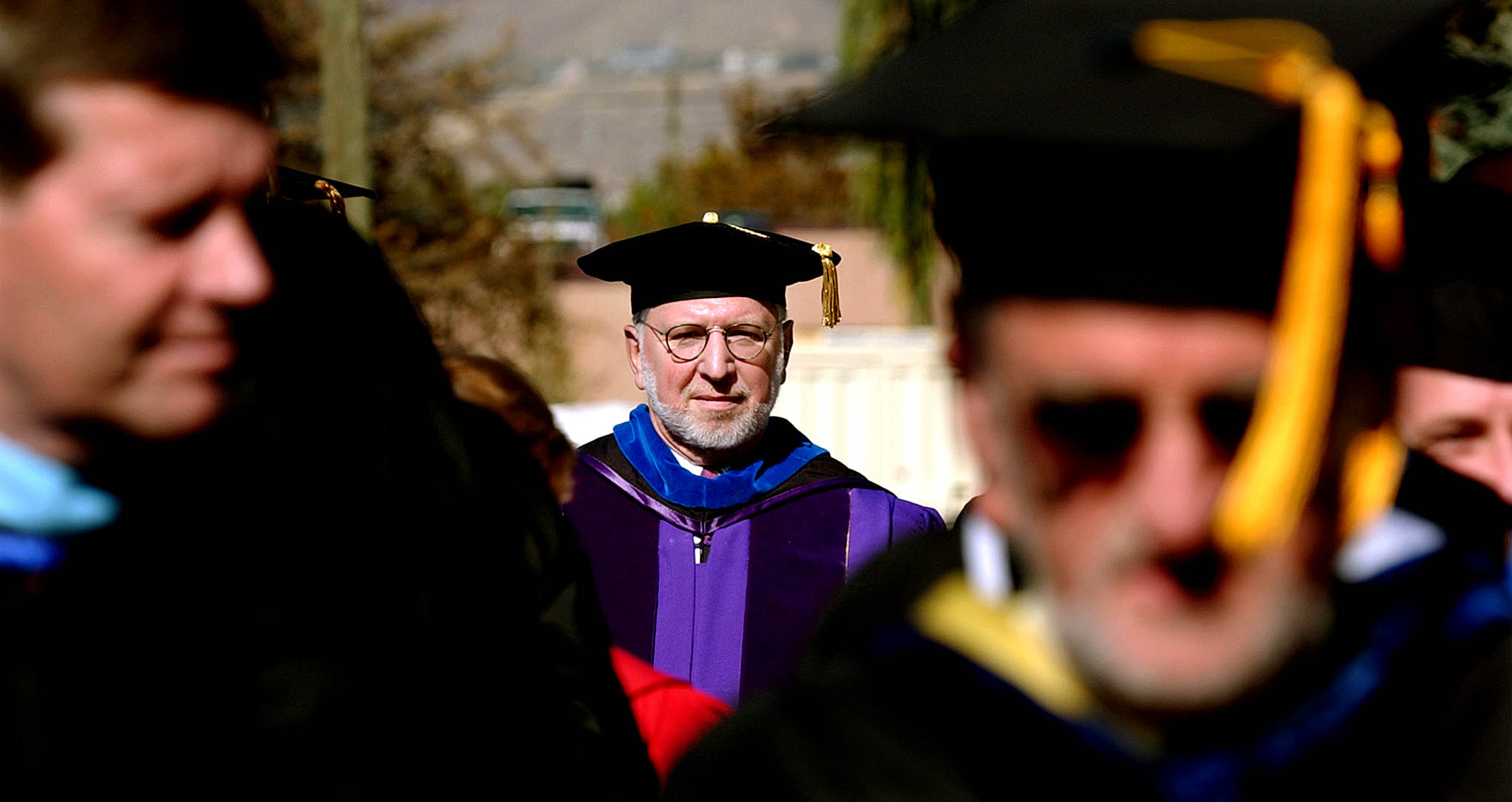 Michael S. Bassis proceeds into his inauguration as the 16th president of Westminster College on Oct. 19, 2002. Bassis died Tuesday, surrounded by his daughters in Springfield, Virginia.