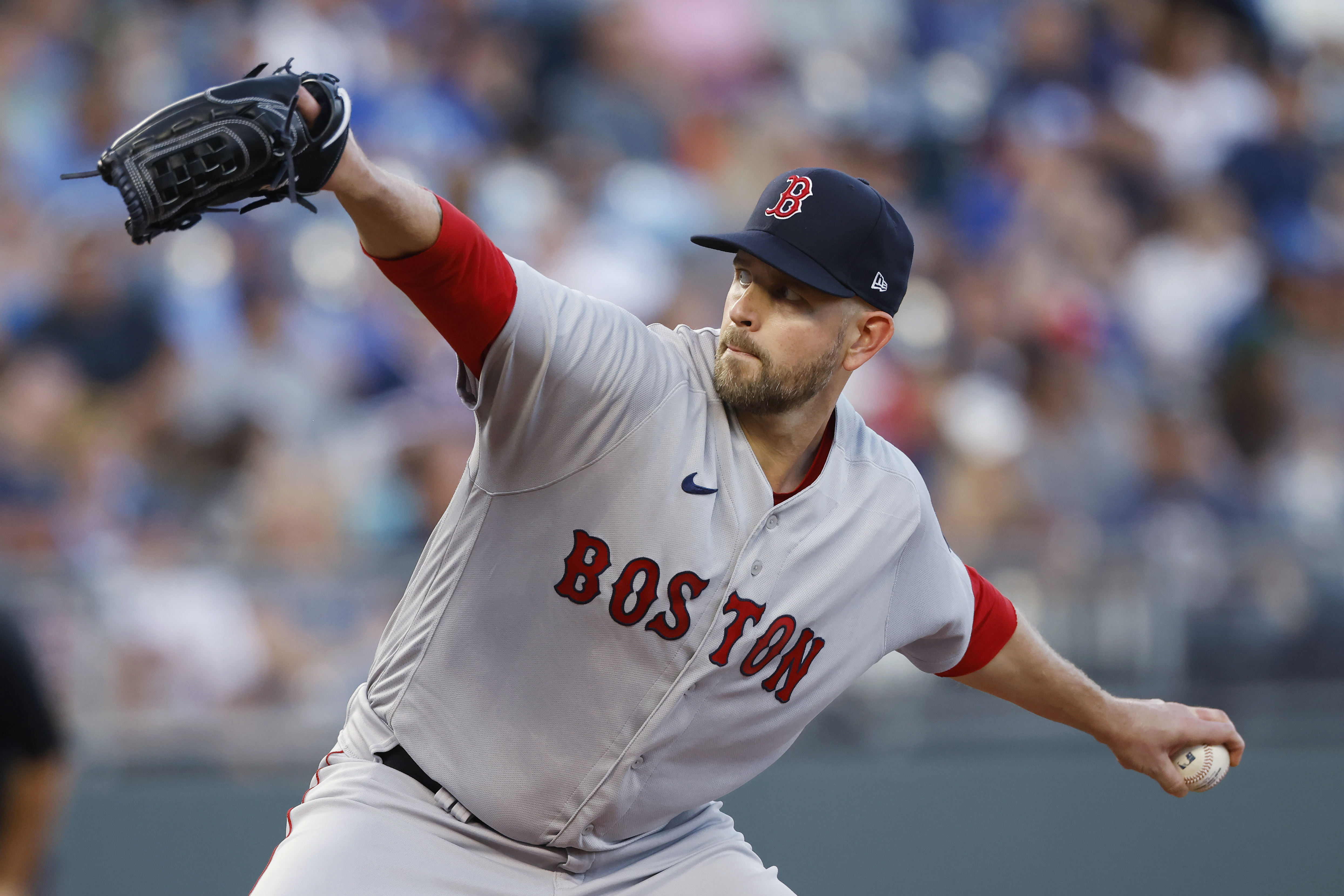 FILE - Boston Red Sox pitcher James Paxton delivers to a Kansas City Royals batter during the first inning of a baseball game in Kansas City, Mo., Friday, Sept. 1, 2023. Left-hander James Paxton and the Los Angeles Dodgers have agreed to an $11 million, one-year contract, a person familiar with the negotiations told The Associated Press. The person spoke on condition of anonymity Tuesday, Jan. 23, 2024, because the agreement was subject to a successful physical.