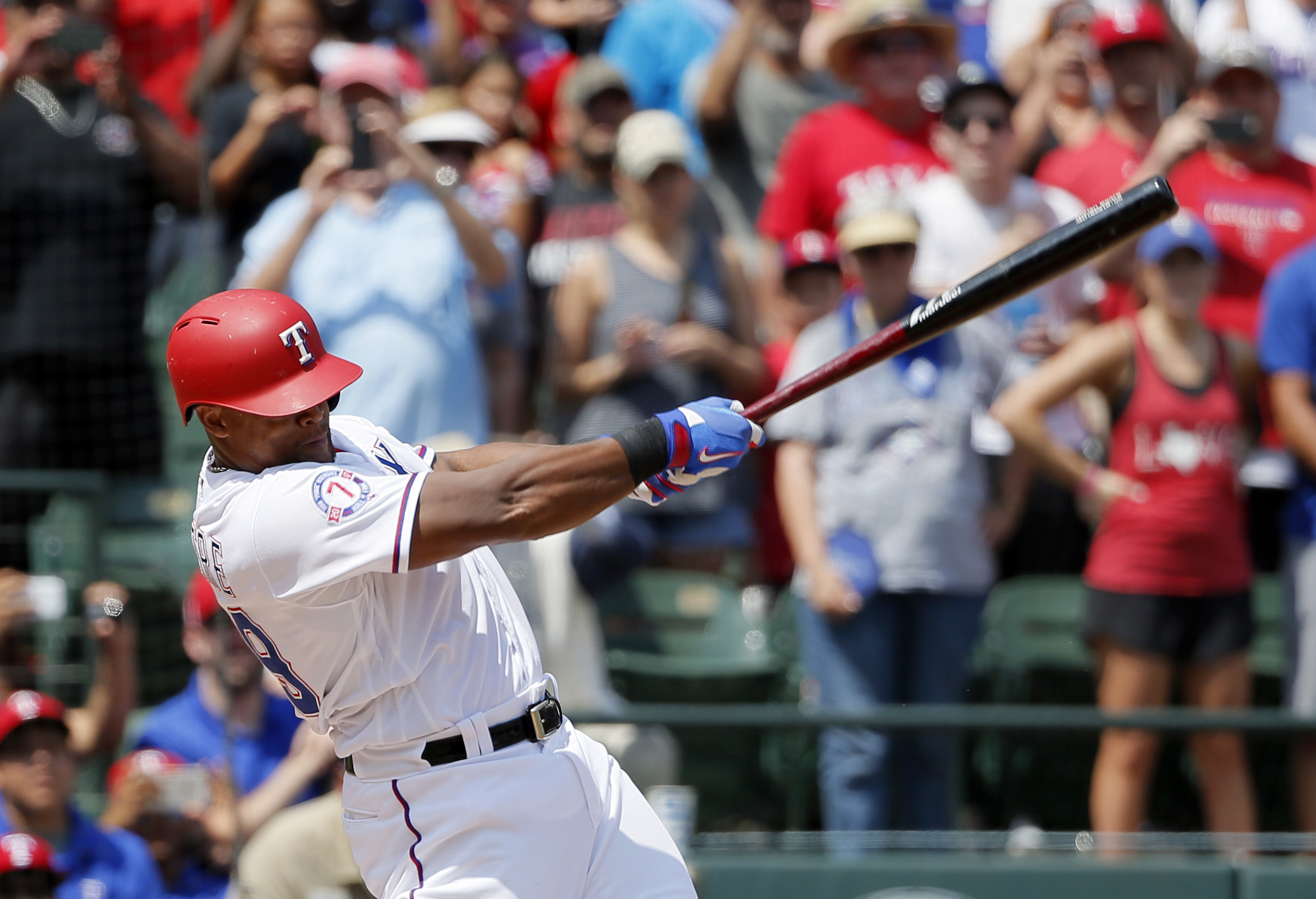 FILE - Texas Rangers' Adrian Beltre follows through on a double for his 3,000th career hit which came off a pitch from Baltimore Orioles' Wade Miley in the fourth inning of a baseball game, Sunday, July 30, 2017, in Arlington, Texas. Beltré could soon be a first-ballot baseball Hall of Fame third baseman. He is among 12 first-timers in consideration for the Class of 2024 that will be revealed Jan. 23.