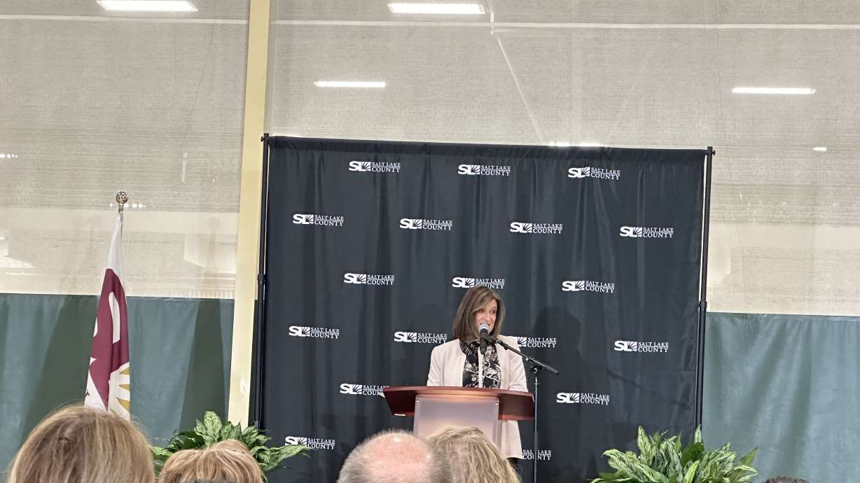 Salt Lake County Mayor Jenny Wilson speaks at the South Jordan recreation center Tuesday night for the State of the County address.