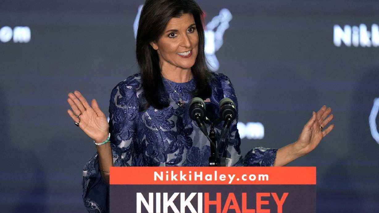Republican presidential candidate former U.N. Ambassador Nikki Haley speaks at a New Hampshire primary night rally, in Concord, N.H., Tuesday. Haley is trying to frame her Iowa and New Hampshire losses to Donald Trump as a victory.