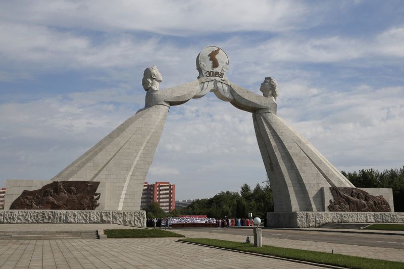 This photo shows the Arch of Reunification, a monument to symbolize the hope for eventual reunification of the two Koreas, in Pyongyang, North Korea, on Sept. 11, 2018. The monument appeared gone in satellite images taken by Planet Labs Tuesday morning. The Associated Press couldn’t immediately confirm the report independently.