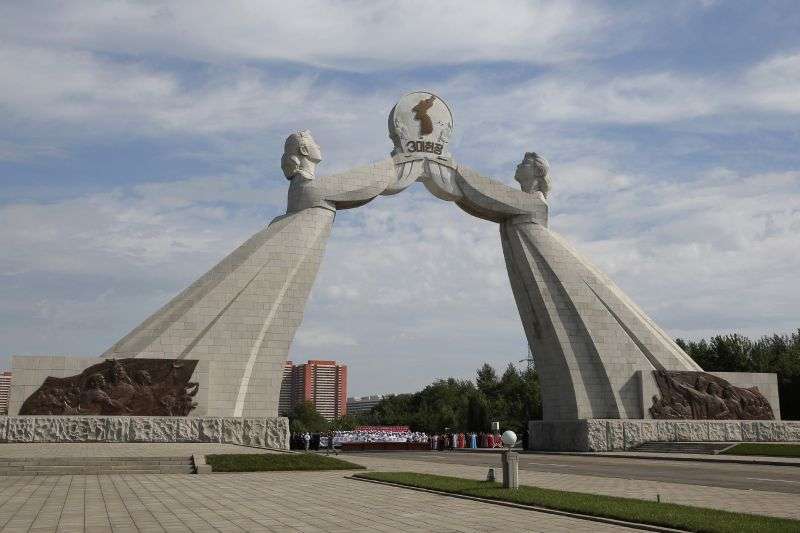 This photo shows the Arch of Reunification, a monument to symbolize the hope for eventual reunification of the two Koreas, in Pyongyang, North Korea, on Sept. 11, 2018. The monument appeared gone in satellite images taken by Planet Labs Tuesday morning. The Associated Press couldn’t immediately confirm the report independently.