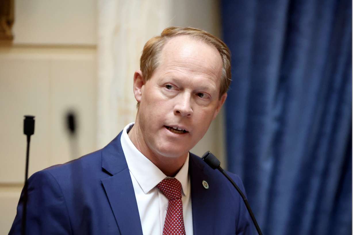 Sen. Keith Grover, R-Provo, talks about HB261 Equal Opportunity Initiatives, which he is sponsoring, in the Senate chamber at the Capitol in Salt Lake City on Wednesday.