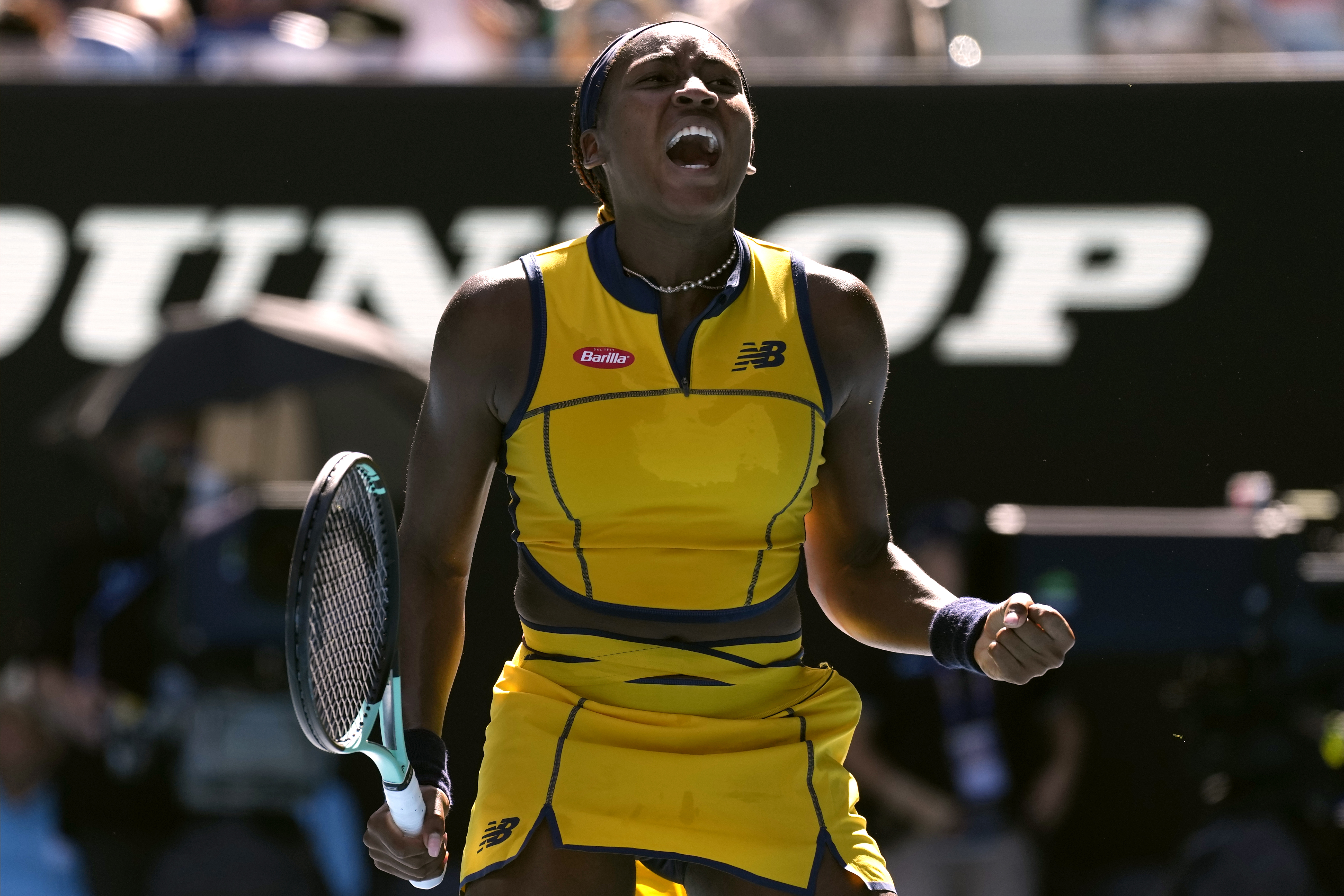 Coco Gauff of the U.S. celebrates after defeating Marta Kostyuk of Ukraine in their quarterfinal match at the Australian Open tennis championships at Melbourne Park, Melbourne, Australia, Tuesday, Jan. 23, 2024.