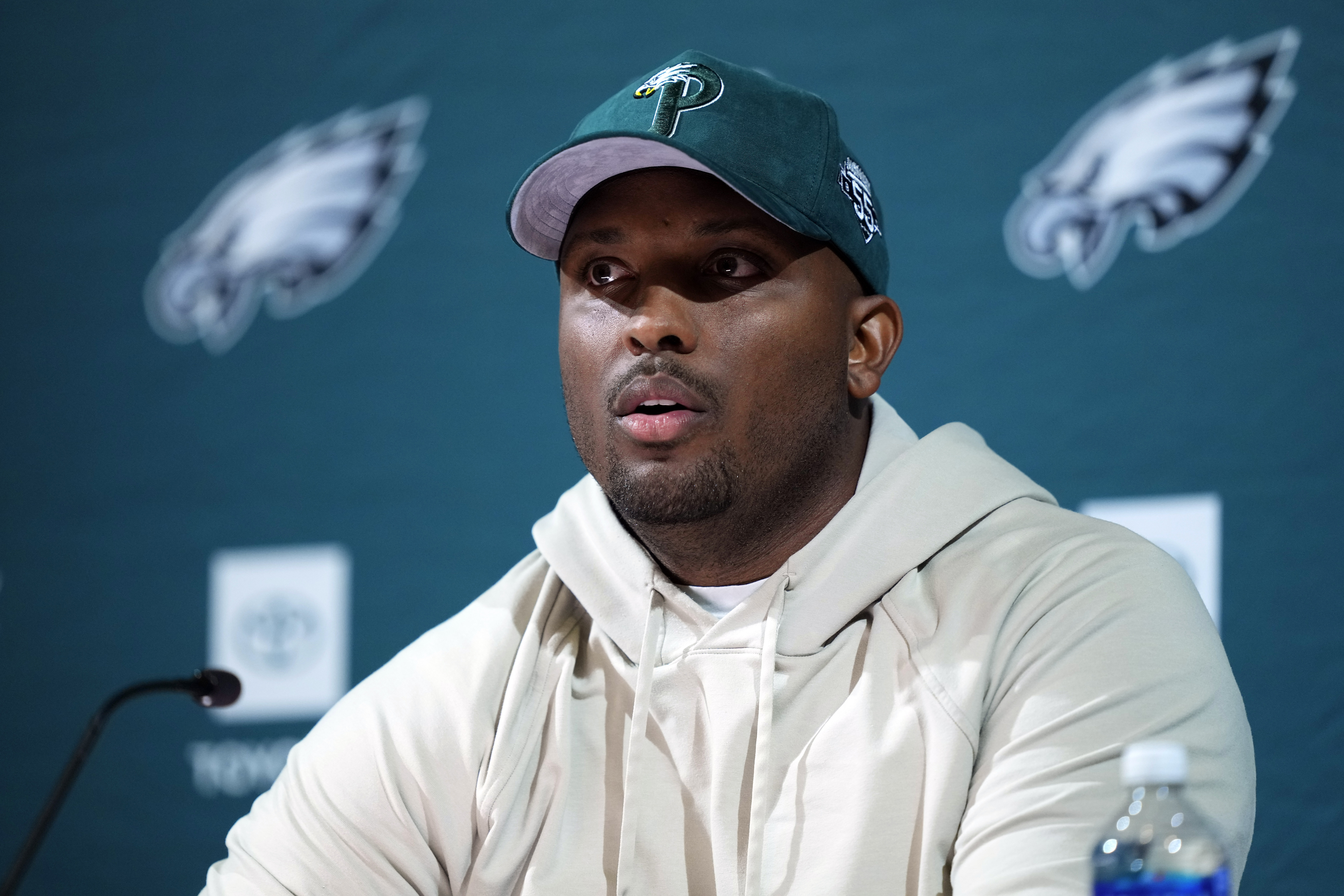 FILE - Philadelphia Eagles offensive coordinator Brian Johnson speaks with members of the media at the NFL football team's training facility in Philadelphia, Wednesday, Sept. 20, 2023. The Eagles have fired offensive coordinator Brian Johnson, a person familiar with the decision told The Associated Press on Tuesday, Jan. 23, 2024.