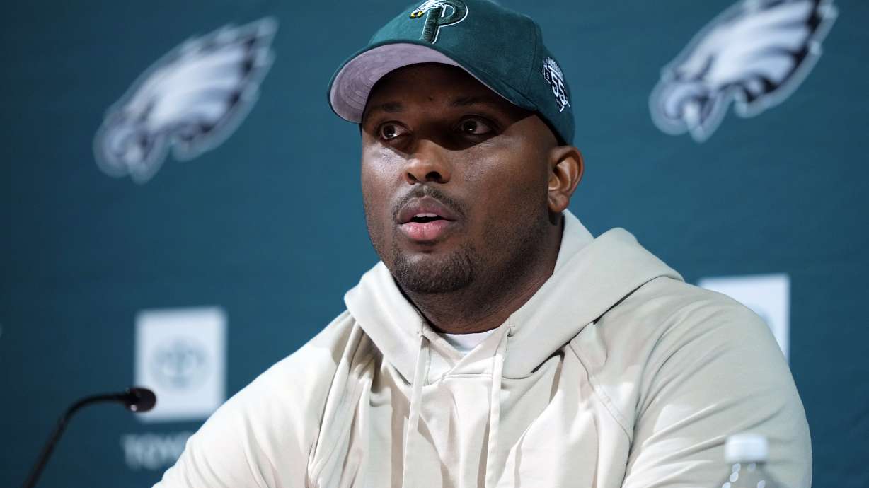 FILE - Philadelphia Eagles offensive coordinator Brian Johnson speaks with members of the media at the NFL football team's training facility in Philadelphia, Wednesday, Sept. 20, 2023. The Eagles have fired offensive coordinator Brian Johnson, a person familiar with the decision told The Associated Press on Tuesday, Jan. 23, 2024.