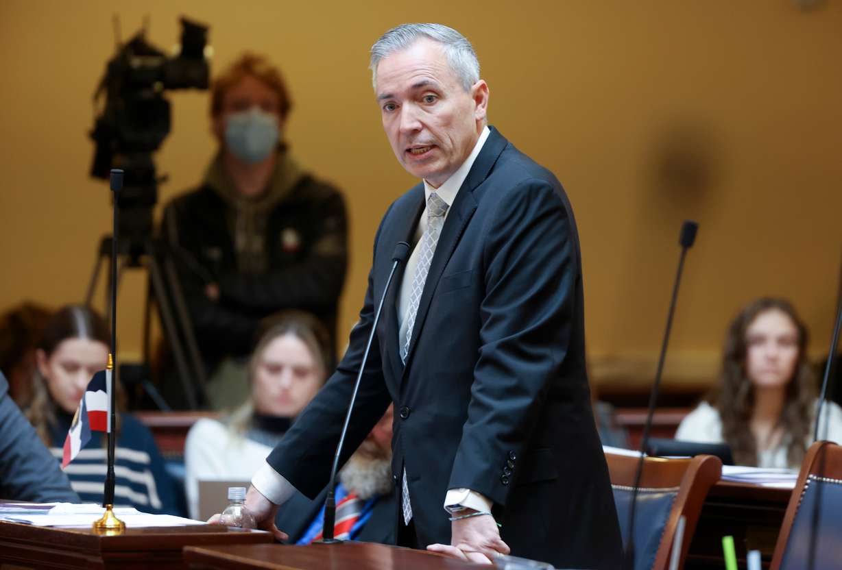 Sen. Daniel McCay, R-Riverton, talks about HB257 in the Senate chamber at the Capitol in Salt Lake City on Thursday.