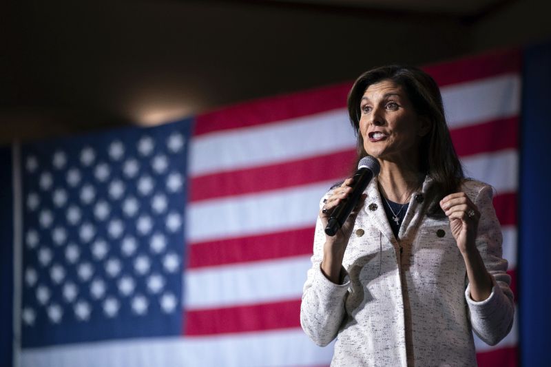 Republican presidential candidate former UN Ambassador Nikki Haley speaks during a campaign event at The North Charleston Coliseum, Wednesday in North Charleston, S.C.
