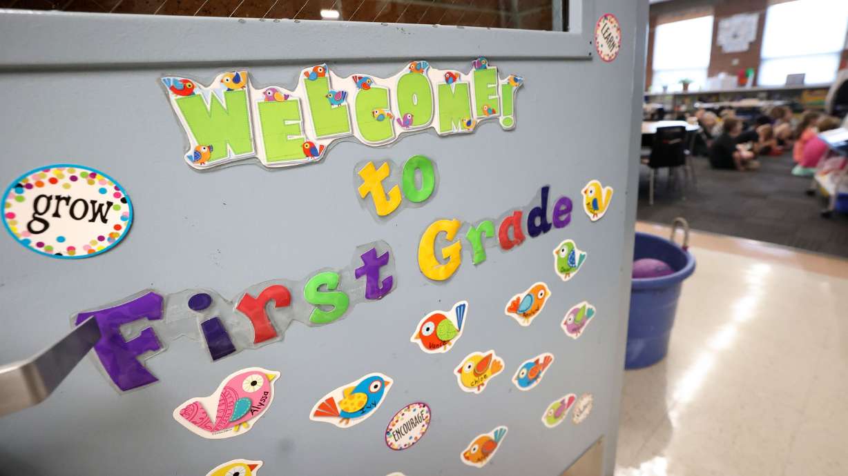 A classroom door is pictured at Hawthorne Elementary School in Salt Lake City on Aug. 22, 2023. A legislative proposal the sponsor says is intended to empower teachers with merit pay for high performance won unanimous approval of a Senate committee Thursday.