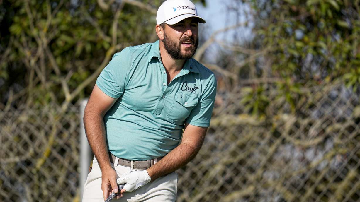 Stephan Jaeger watches his tee shot on the seventh hole of the North Course at Torrey Pines during the second round of the Farmers Insurance Open golf tournament, Thursday, Jan. 25, 2024, in San Diego.