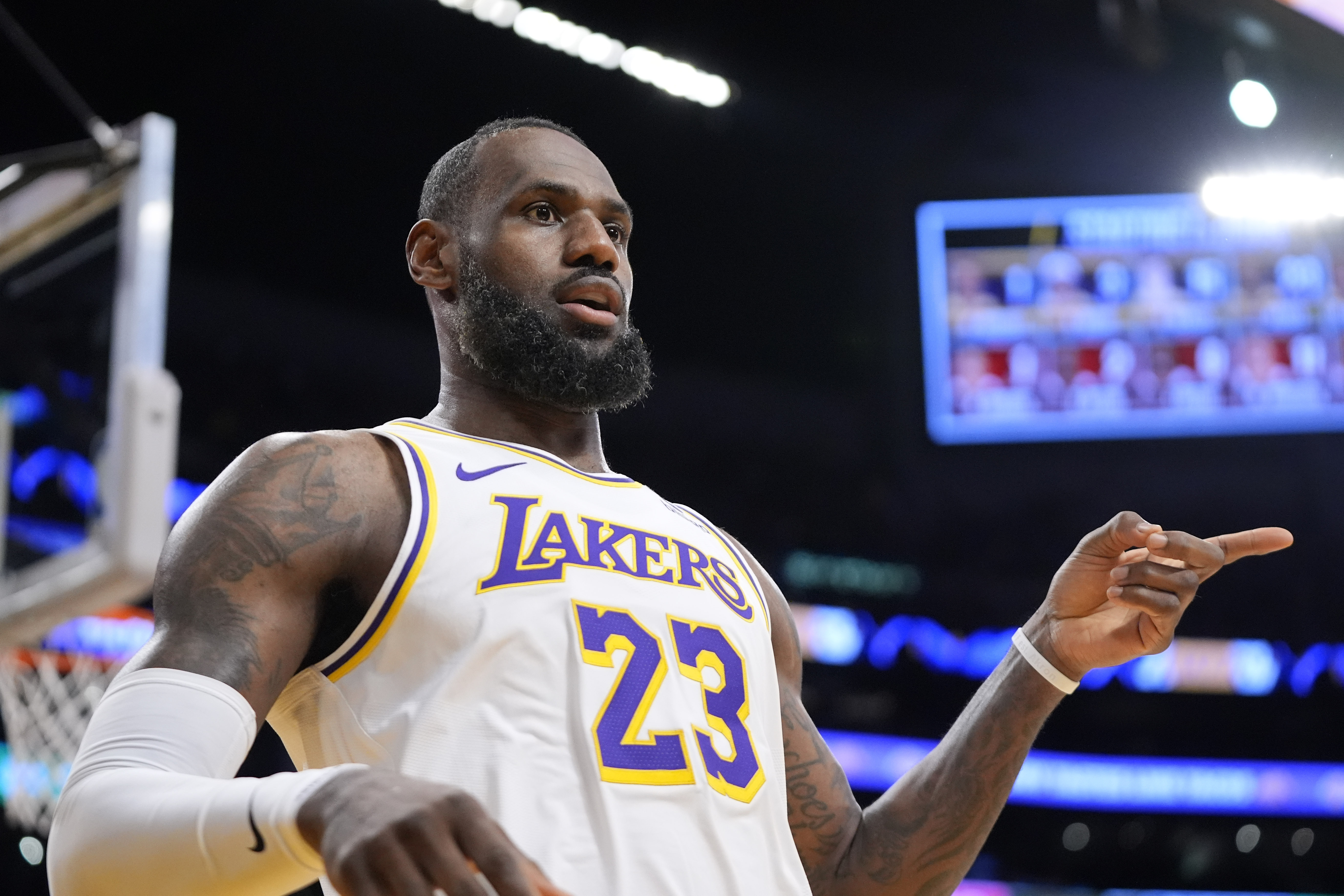 Los Angeles Lakers forward LeBron James gestures after scoring during the first half of an NBA basketball game against the Portland Trail Blazers Sunday, Jan. 21, 2024, in Los Angeles. 