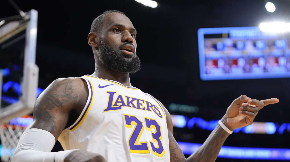 Los Angeles Lakers forward LeBron James gestures after scoring during the first half of an NBA basketball game against the Portland Trail Blazers Sunday, Jan. 21, 2024, in Los Angeles.