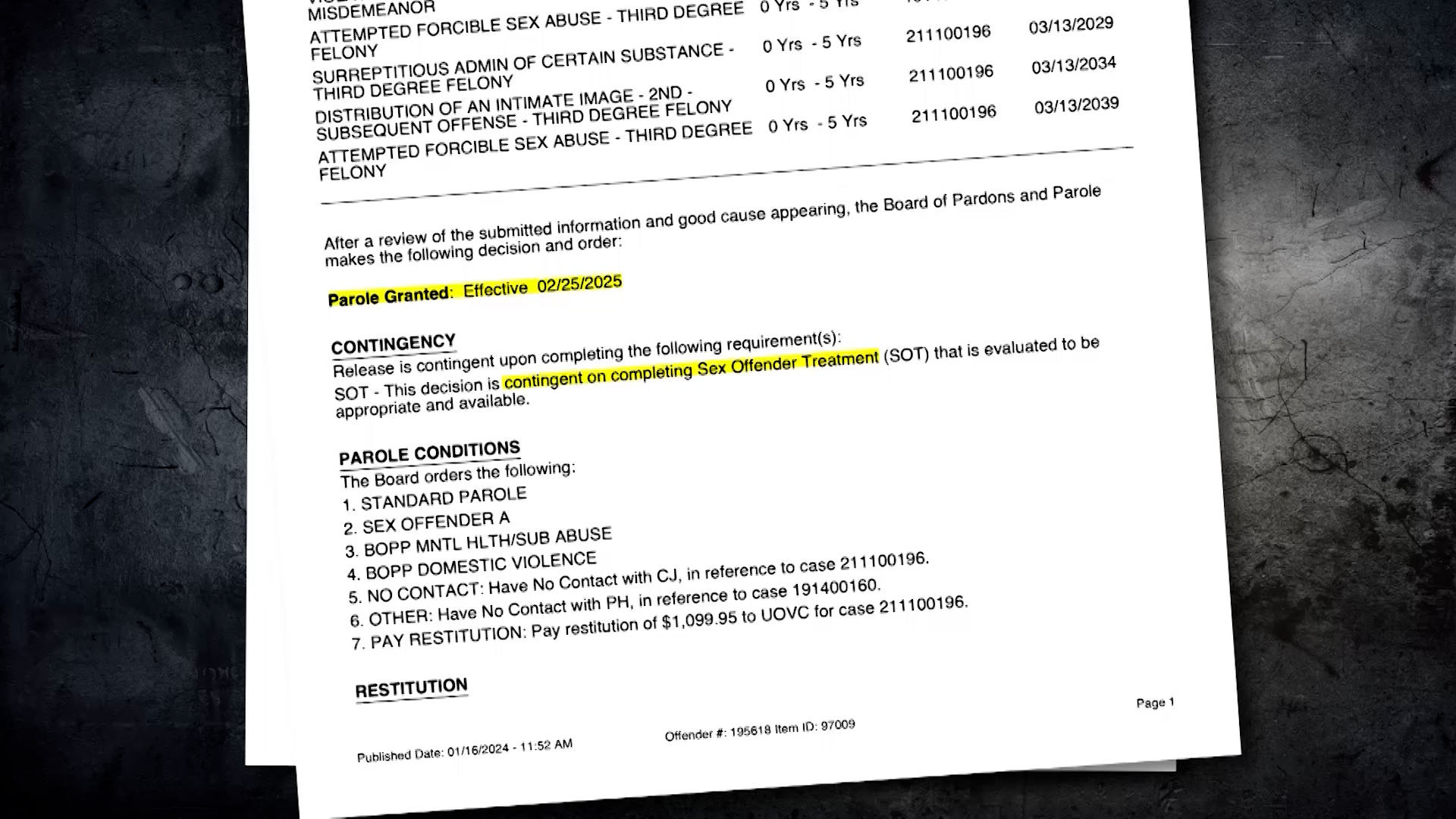 Utah’s Board of Pardons and Parole granted Haderlie’s contingent release in February 2025.